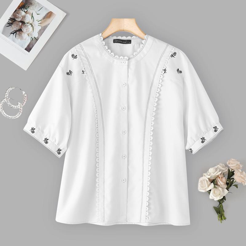 ZANZEA Summer Women Round Neck Short Sleeve Crochet Embroidery Casual Blouse