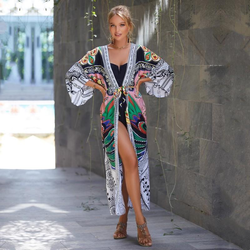 Ethnic Style Swimwear Cover Up Retro Print Lace Up Women Summer Long Kimono Dress Beachwear Bikini Cover Up Q1521