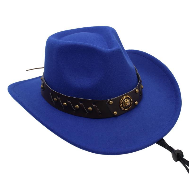 Western Cowboy Hat Tibetan Top Hat Felt Jazz Hat Rolled Edge Felt Hat Rivet Belt Buckle Metal