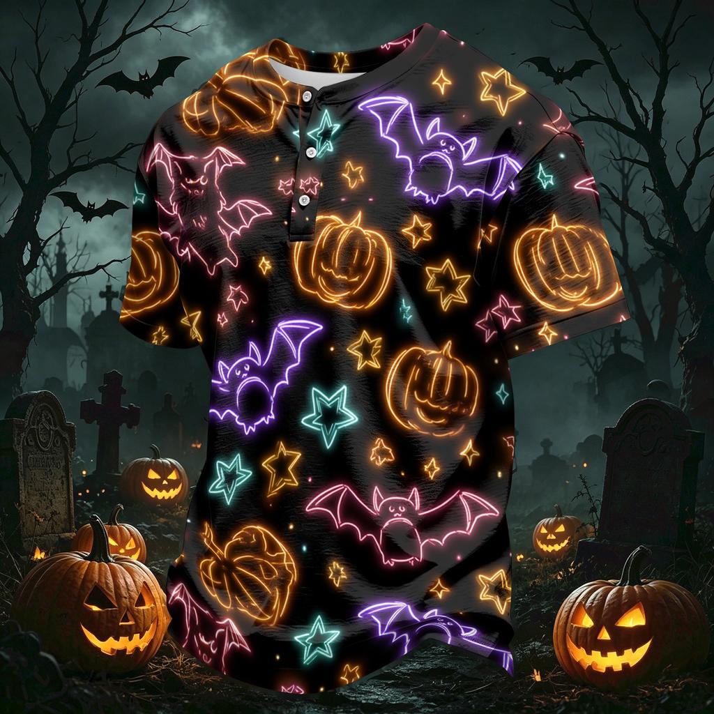 Men's Casual Button Collar Lightweight Breathable Short Sleeve Shirt Halloween Themed Printed Design Comfortable Fit