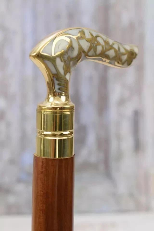Classic Walking Stick Wooden and Brass - Goldene and White Walking Stick - Brass