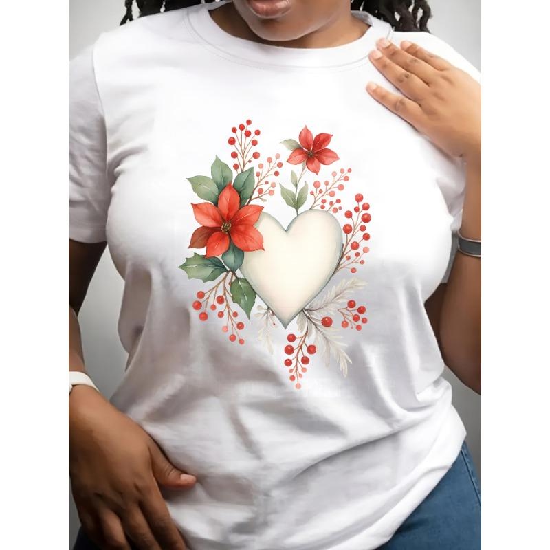 

Европейские размеры Женская мягкая дышащая футболка с цветочным и сердечным принтом, короткий рукав - Повседневная блузка-топ с круглым вырезом, подходит для ежедневного ношения S белый