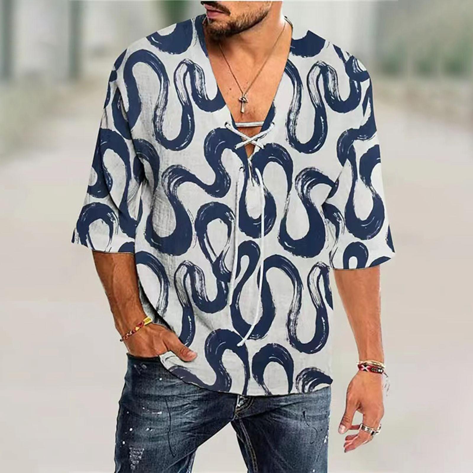 

Мужские свободные рубашки из хлопка и льна с коротким рукавом и V-образным вырезом с принтом XXXL синий