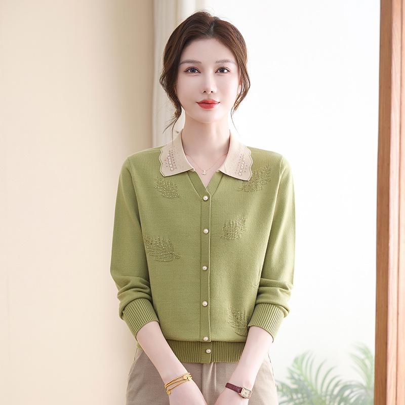 

Autumn Stripe Knit Lapel Top for Middle-Aged and Elderly Women - New 2026 Style M (95-105 jin) зелёный