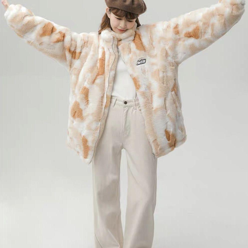 Winter new trendy brand tie-dye stand-up collar lamb wool jacket for men and women street casual padded couple cotton-padded clothes