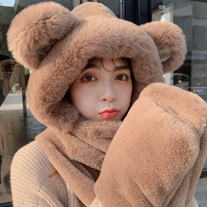 Womens Winter Knit Hooded Hat Scarf Combo With Ear Protection Cute Plush Warm Beanie Outdoor Walking Cycling