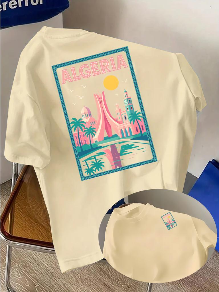 Vibrant Algeria Cityscape Tee with Retro Style Buildings and Palm Tree Print 100 Cotton Unisexs Tshirt Summer Casual Wear