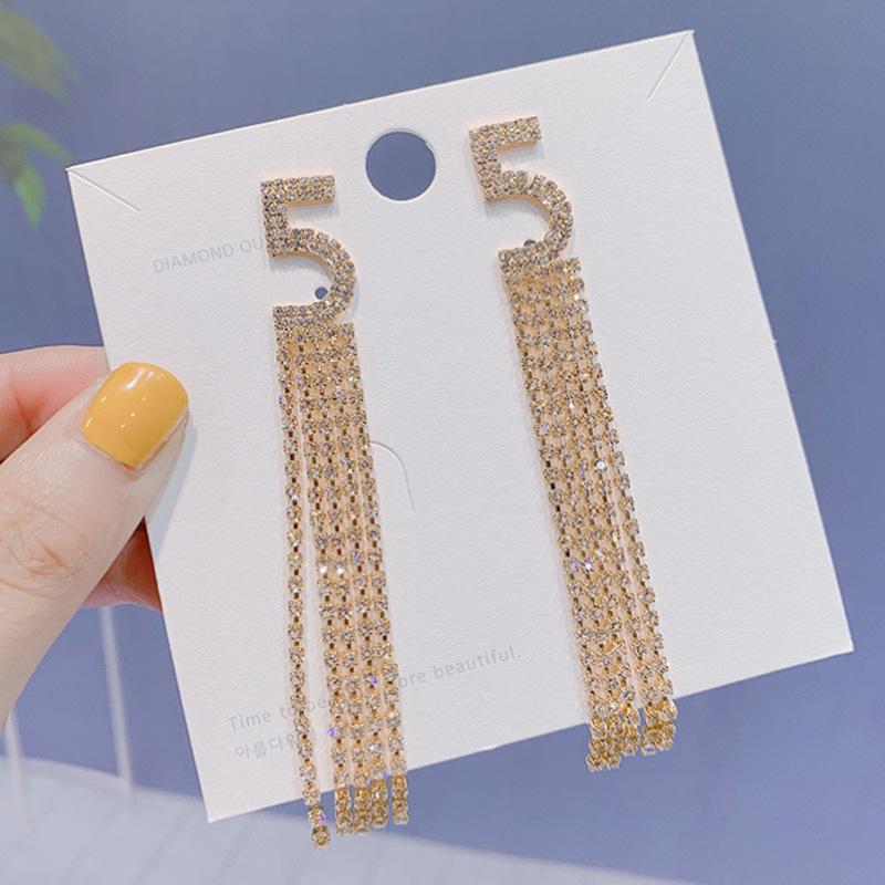 Number 5 Cubic Zirconia Rhinestone Tassel Earrings for Women - Elegant Korean Style Studs