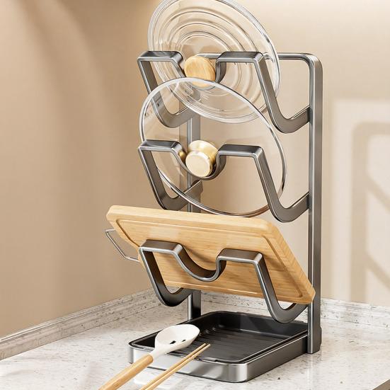 Yousheng Countertop Pot Lid Organizer Pan Lid Storage Rack with Removable Drip Tray And Spoon Rest Kitchen Counter Organizer While Cooking for Lids