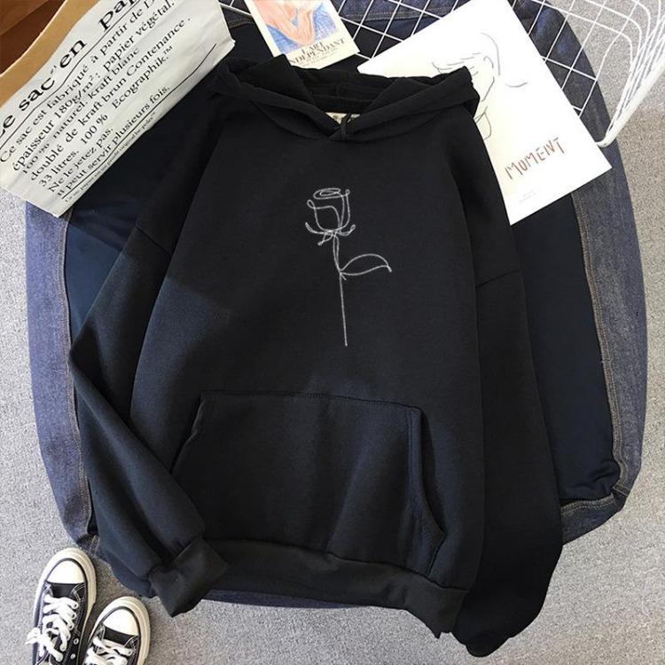 Harajuku Streetwear Женская мода Свободный цветочный принт Толстовка с капюшоном Корейский стиль Пуловеры XXXL чёрный