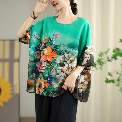 DIMANAF 2026 Plus Size New T-Shirt Loose Women Flower Print Casual O-Neck Lady Tops Tees Blouse Shirts Oversize Summer