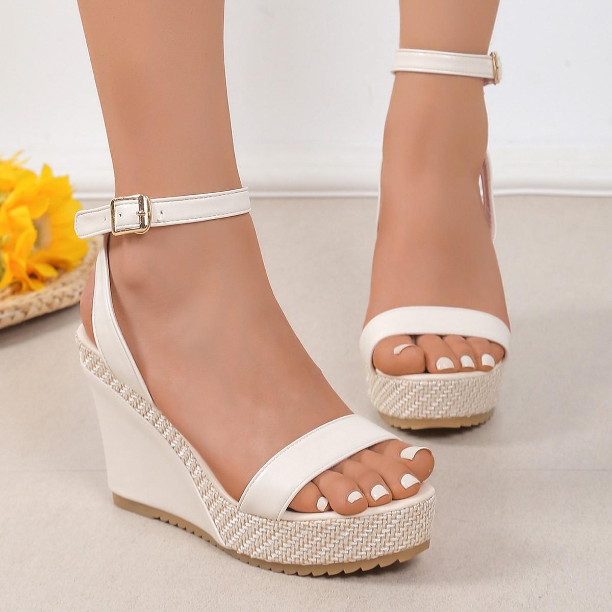 

Large size platform wedge heel sandals women s 2025 summer new one-word sandals platform buckle women s shoes 35 бежевый