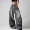 Luźne Szerokie Spodnie Jeansowe Zniszczone Wypłukiwane Kobiety Mężczyźni Streetwear Vintage Nadruk Luźny Krój Wysoki Stan