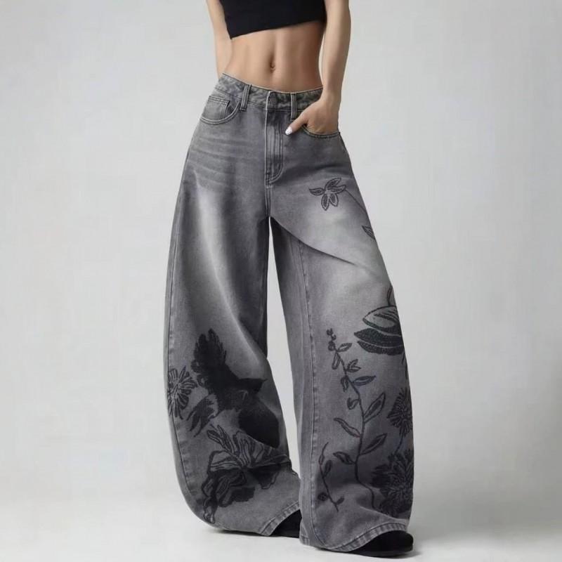 Luźne Szerokie Spodnie Jeansowe Zniszczone Wypłukiwane Kobiety Mężczyźni Streetwear Vintage Nadruk Luźny Krój Wysoki Stan
