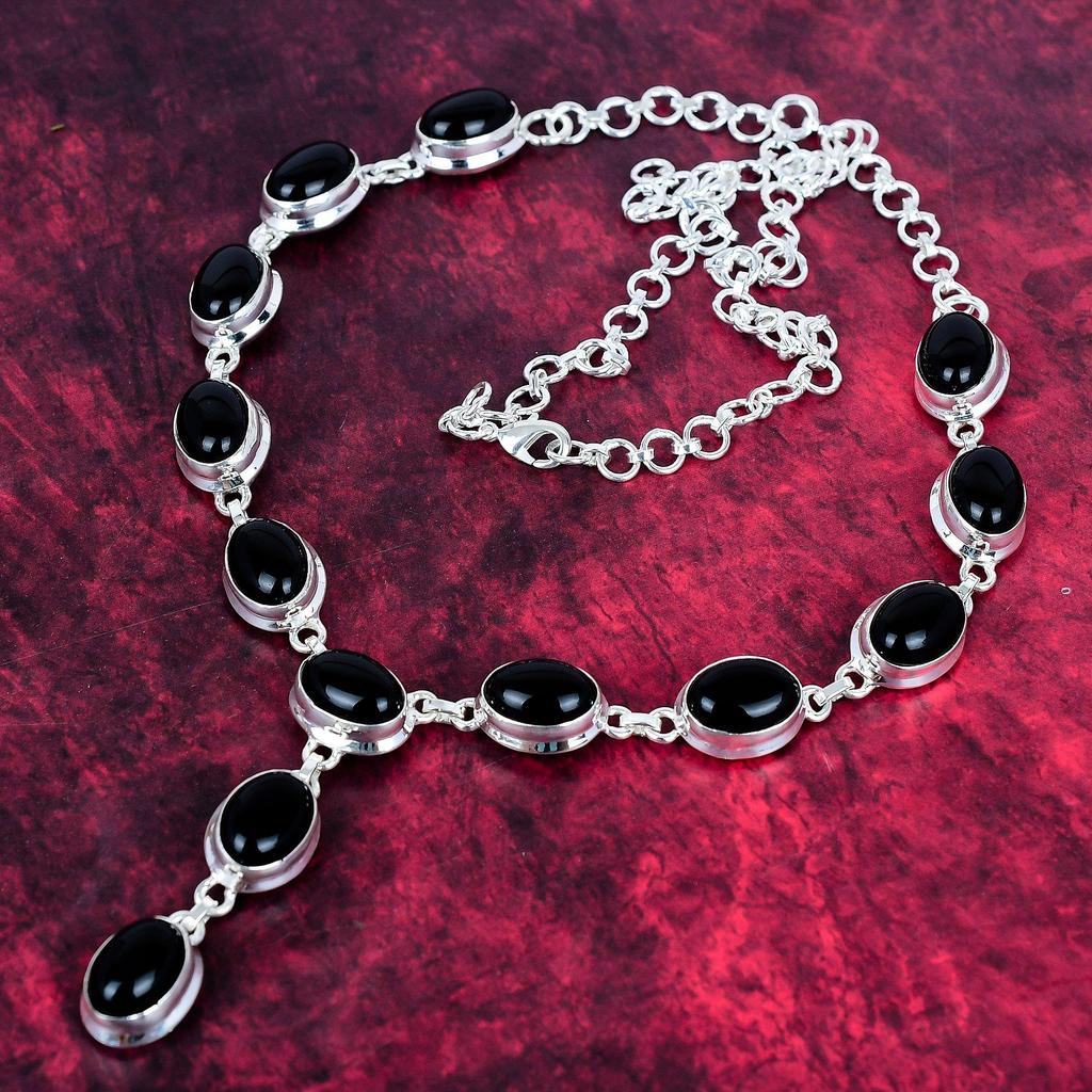 Black Onyx Handmade Gemstone Necklace, 925 Solid Sterling Silver Necklace Antique Jewelry, For Engagement Gift