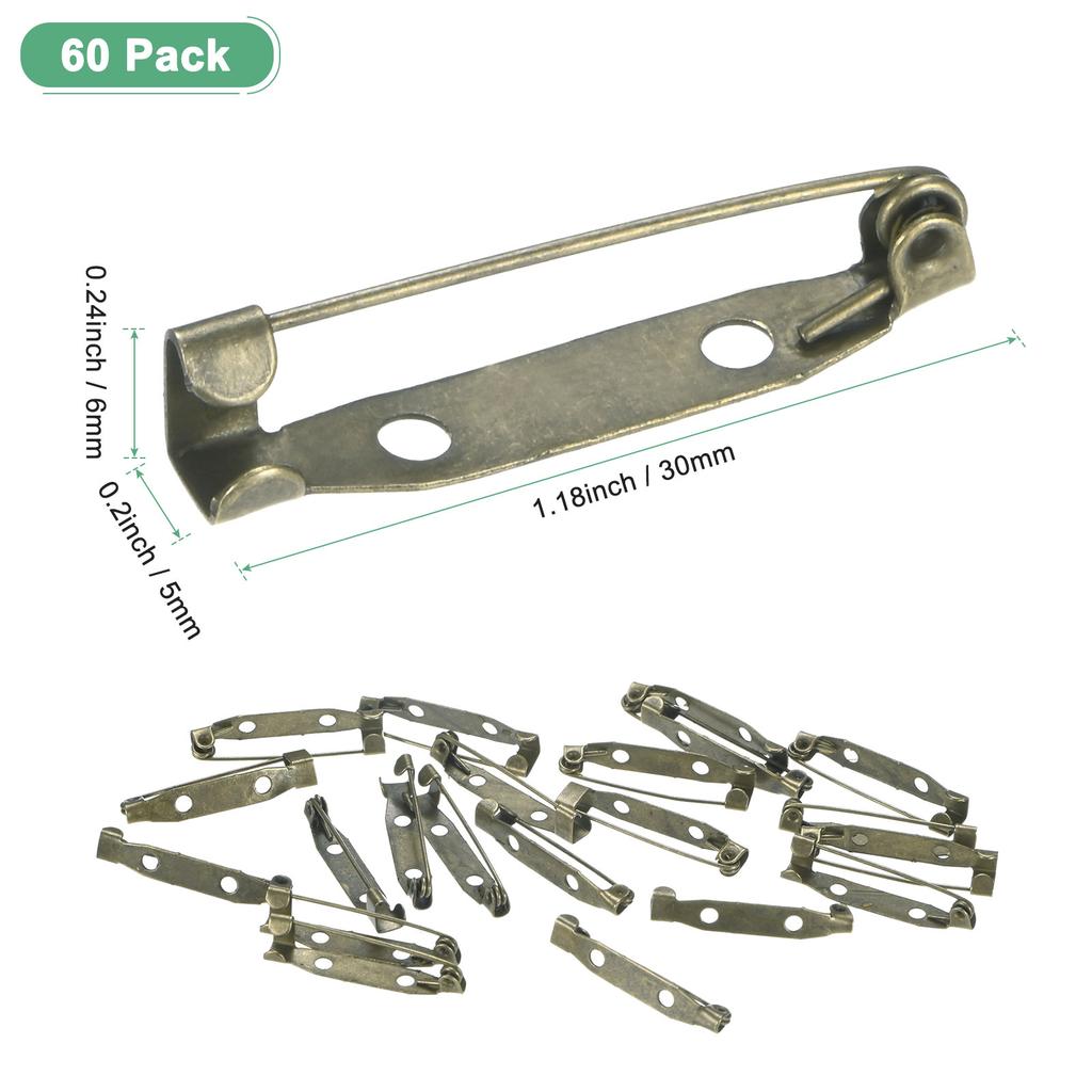 60pcs Bar Pins 30/35mm Brooch Pin Backs Safety Clasp for Badges Name Tags Corsage DIY Metal Boutonnieres Locking Pin-backing