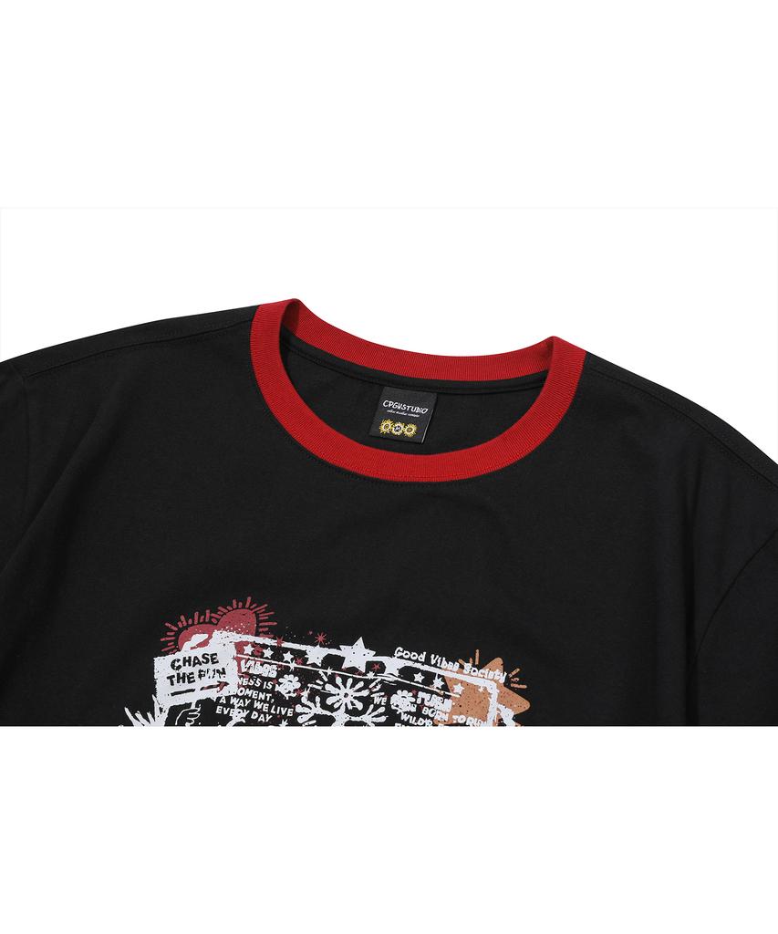 CPGN STUDIO Stamp Club Ringer Short Sleeve T-Shirt Black
