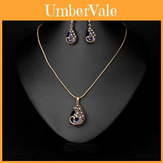 Exquisite European Vintage Peacock Jewelry Set Stunning Gemstone Necklace And Earrings