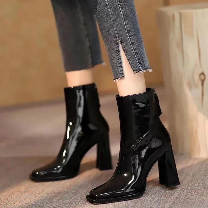 Fashion New Autumn Winter Ankle Boots Women High Heel Boots Fashion Thick Heel Short Boots Square Shoes Fashion Black Shoes 2024