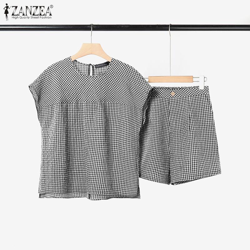 ZANZEA Women Short Sleeve Blouse and Shorts Casual Plaid Print Two Piece Sets