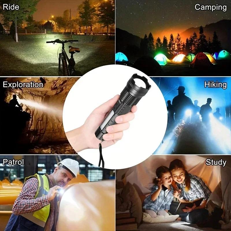 High Power XHP-50 LED Flashlight Waterproof USB Rechargeable Built In Battery Zoom With Side Light For Outdoor Camping Hiking