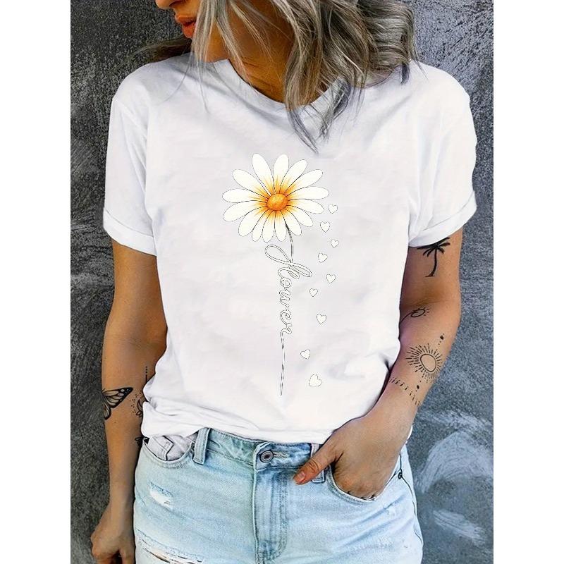 Womens Casual Floral Print Top Round Neck Spring Summer Fashion White Daisy Ombre Butterfly Print Nontransparent Fabric Slight Stretch Short Sleeve