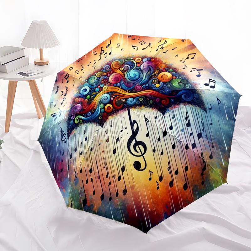1pc Music Theme Pattern Umbrella Portable Folding Umbrella Iron Frame Hole Bone Structure Outdoor Home Umbrella