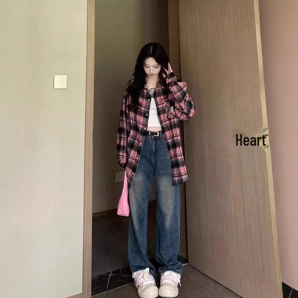 Korean Retro Minimalist Plaid Long-Sleeve Shirt Jacket for Women