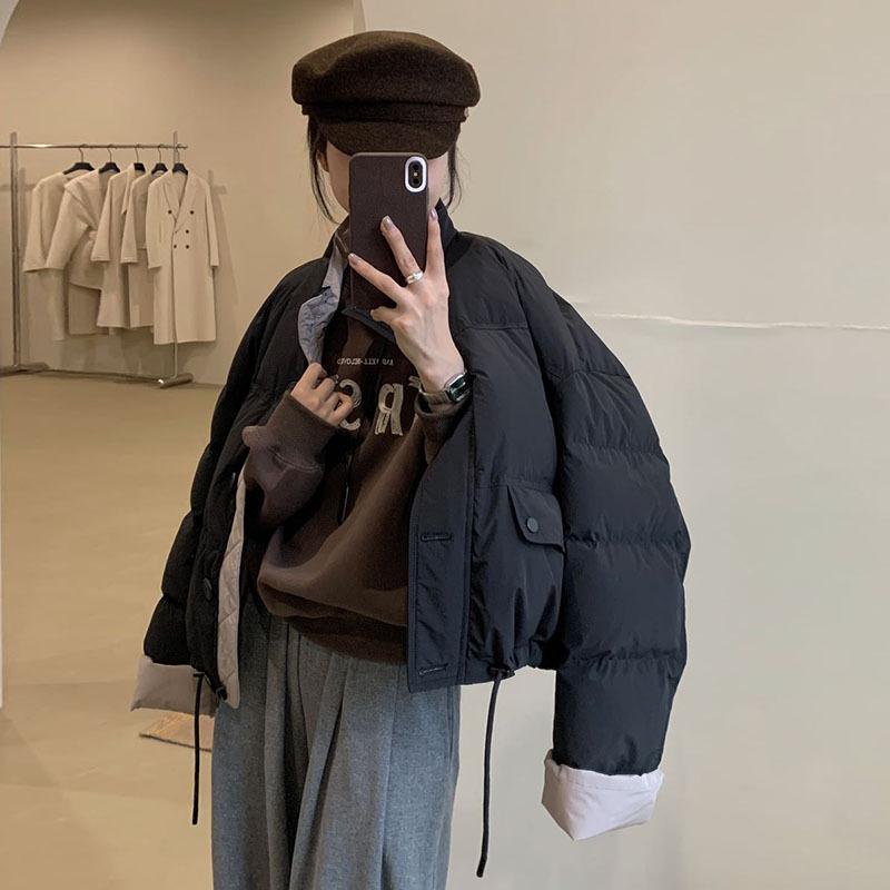 Contrasting color small 90 white duck down jacket women's short 2024 winter fashion design sense thickened stand-up collar bread jacket