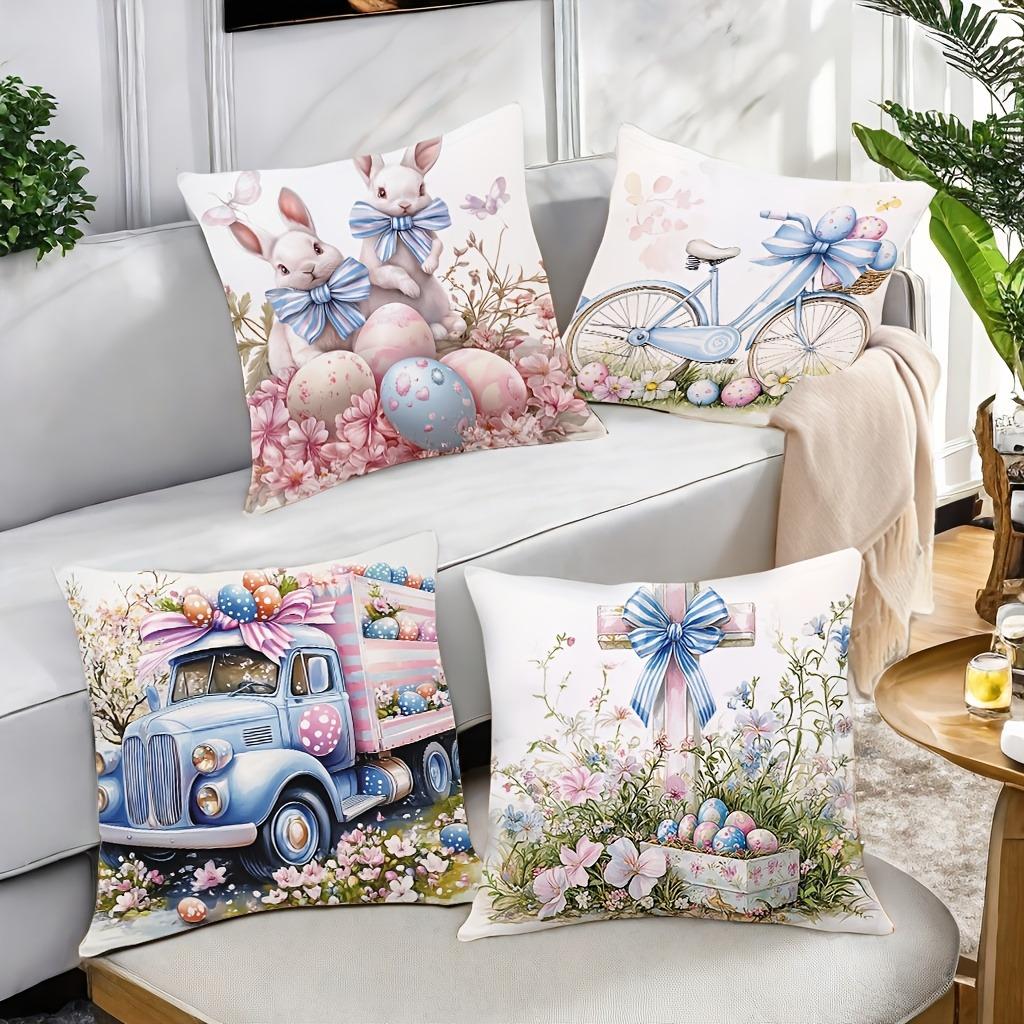 Short Plush Material Pillowcasehappy Easter Decoration Pillowcase Home Room Decoration Bowknot Rabbit Truck Egg Print Living Roo