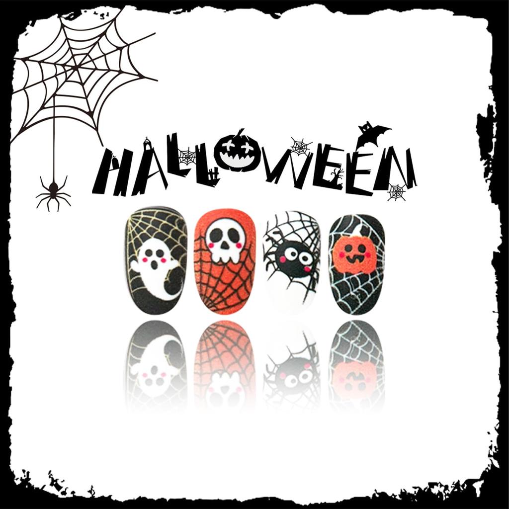 24pcs Halloween Press On Nails Short Oval Bat Fake Nails with Spider Skull Pumpkin Spider Web Designs Ghost False Nail Halloween Acrylic Nail Kit