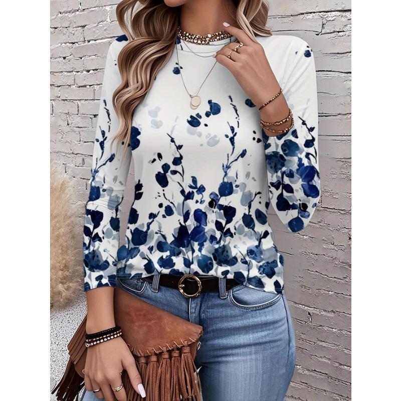 2026 New Women's Fashionable Long-Sleeved T-Shirt with Fresh Floral Pattern, Perfect for Everyday Wear and Stylish Outfits