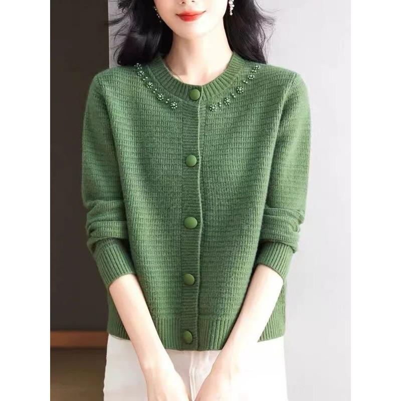 Women S Loose Long Sleeve Round Neck Solid Color Knit Cardigan For Spring Autumn