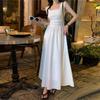 Elegant French White Sleeveless Summer Dress with Slimming Square Neck and Cinched Waist