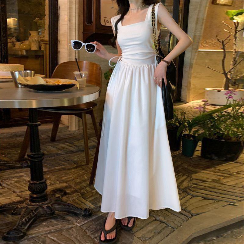 Элегантное летнее белое приталенное французское платье без рукавов с квадратным вырезом S (80-100) грязно-белый