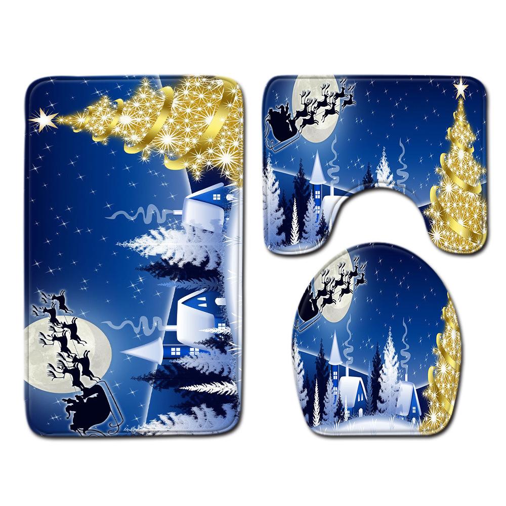 Christmas Four-Piece Shower Curtain Combination Floor Mat Set Bathroom Non-Slip Door Mat Absorbent Carpet