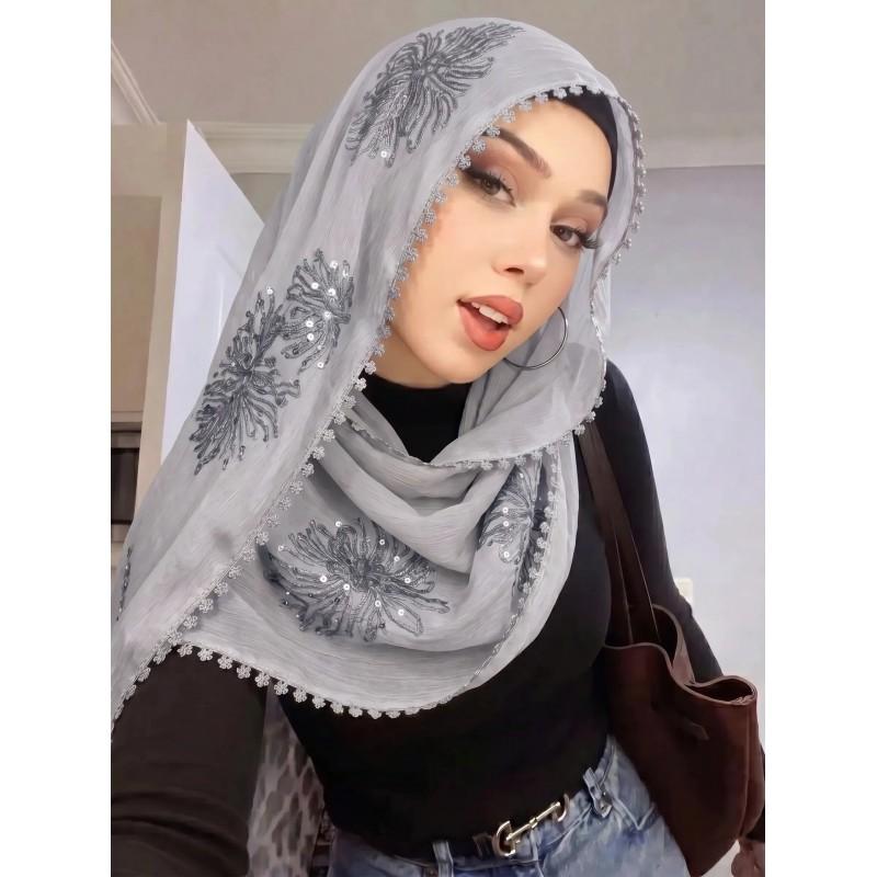 Lightweight Chiffon Scarf With Floral Embroidery Edge - Versatile Wrap Shawl Women Fall Winter