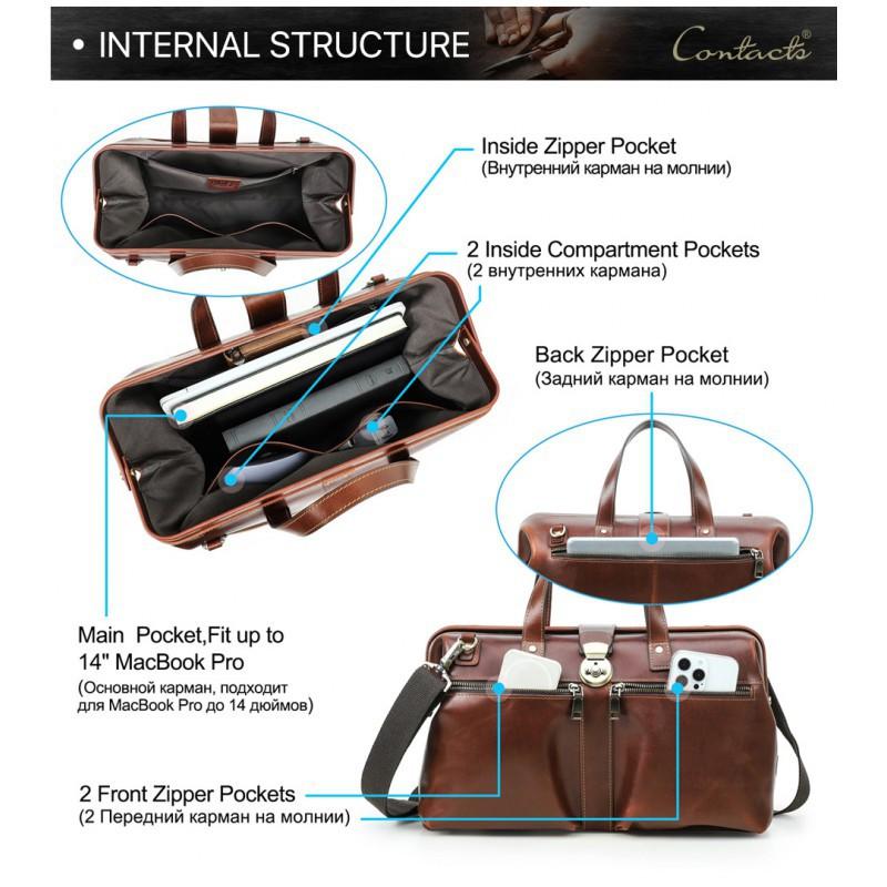 14.2-inch Business Computer Bag With Iron Dumpling Lock Retro Genuine Leather Handheld Diagonal Span Briefcase