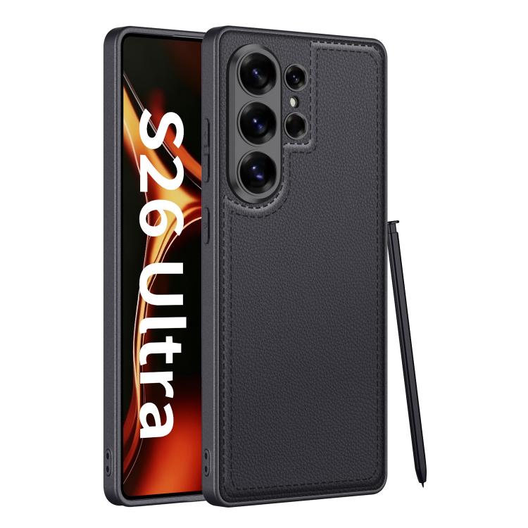 GKK Metal Paint Skin Feel Leather Stitching Phone Case For Samsung Galaxy S26 Ultra 5G чёрный