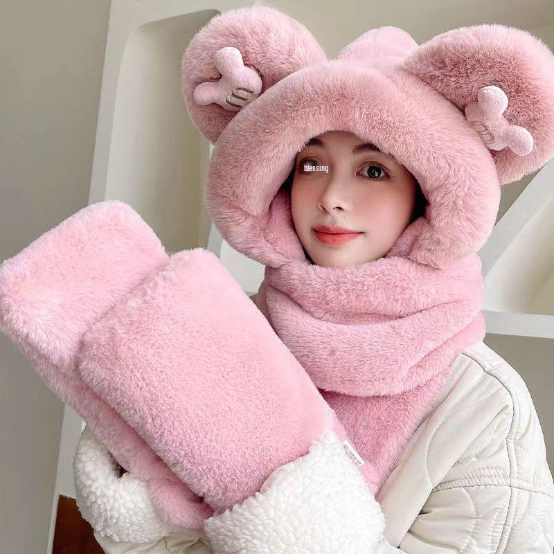 Women's Cute Fluffy Hat with Scarf and Ear Protection for Autumn/Winter