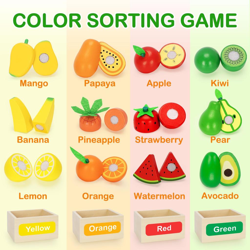 TooyBing Wooden Play Food Toy Set for Kitchen 30 Montessori Cut Color Sort Fake Fruit Accessories with 4 Toddler Play Birthday Gift for Boys and Girls