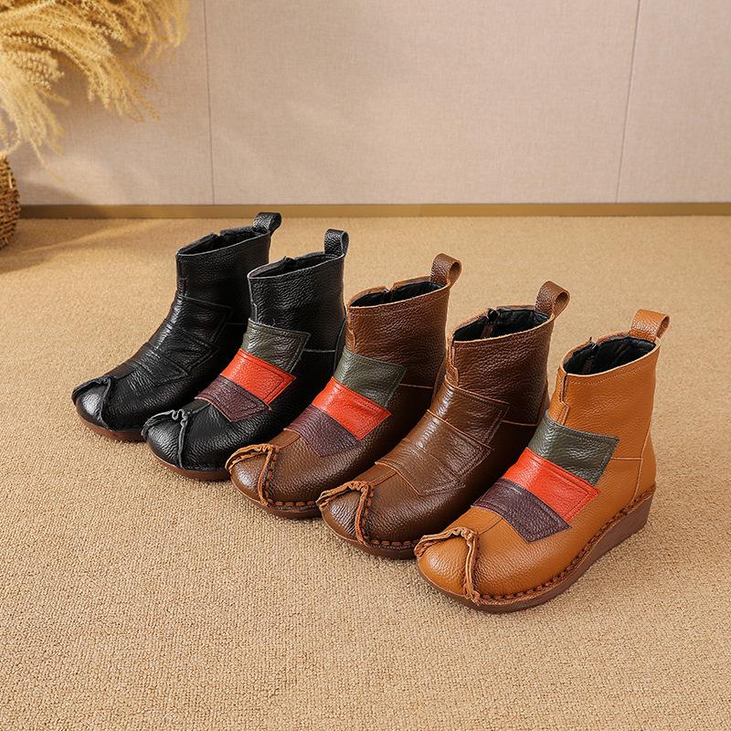 Johnature Ethnic Style Mixed Colors Genuine Leather Wedges Short Boots Warm Comfortable Women's Cotton Shoes