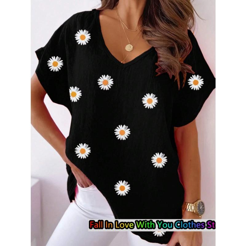 

Женская футболка с принтом «Daisy», повседневная футболка с V-образным вырезом и коротким рукавом, летняя модная повседневная свободная футболка большого размера, повседневная женская одежда 3XL