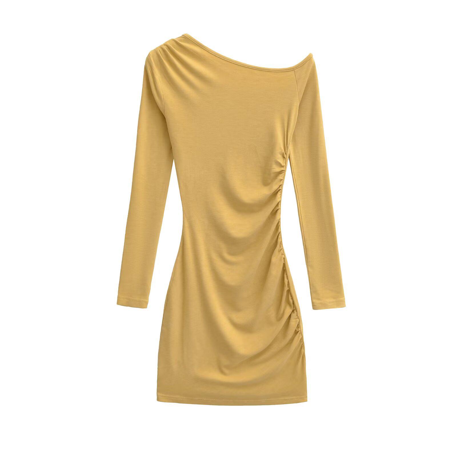 

YPFF Trendy One-Shoulder Long-Sleeve Mini Dress - Sexy, Pleated, Slimming Bodycon Style, Hip-Hugging and Versatile. Medium жовтий