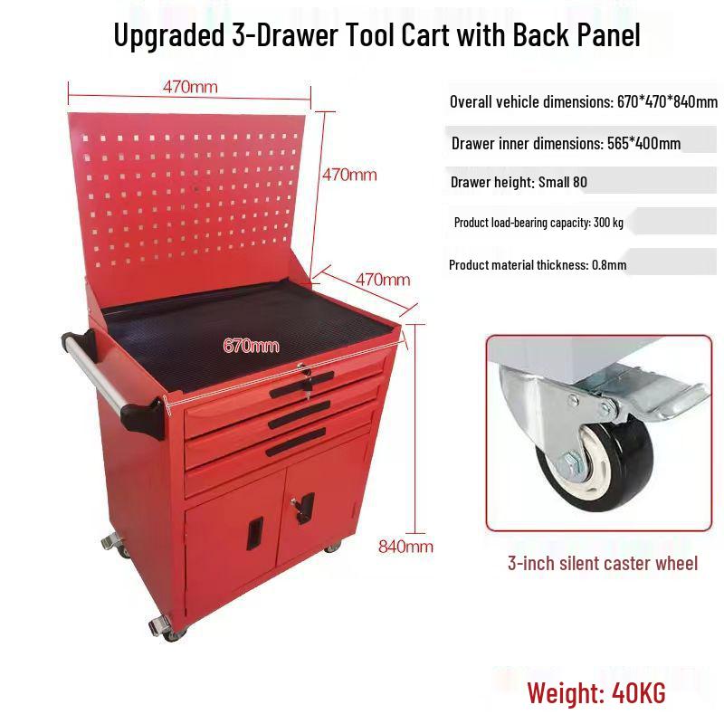Movable Three-Layer Hand Cart: Multi-functional Auto Repair & Household Tool Box with Cabinet Door