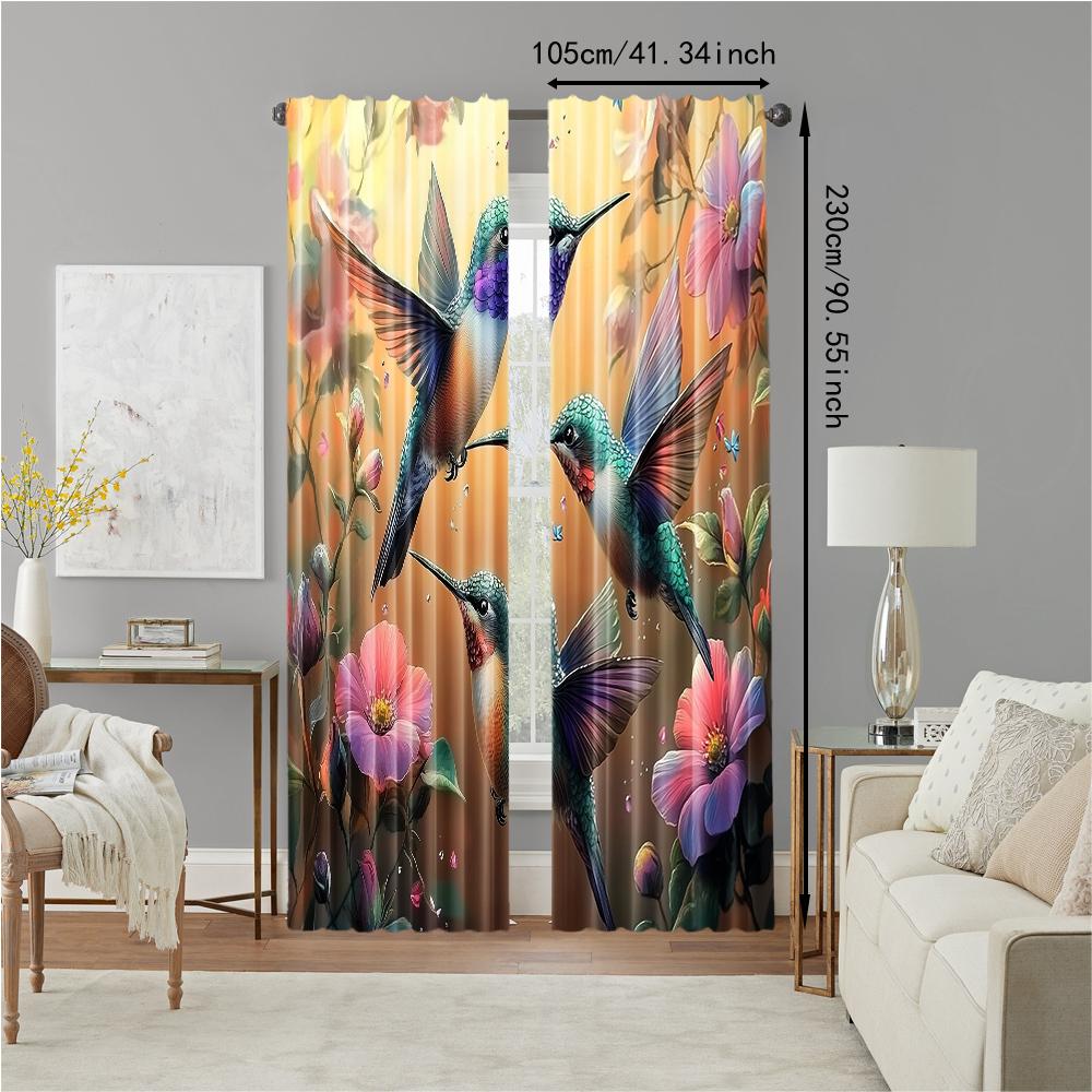 2 Pcs   Versatile Polyester Transparent Curtains for Home Decoration Hummingbird & Floral for Use In Bedrooms and Living Rooms