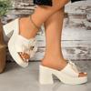 Outer size large size new fashionable solid color versatile thick heel buckle bow fashionable women's high heel cool slippers