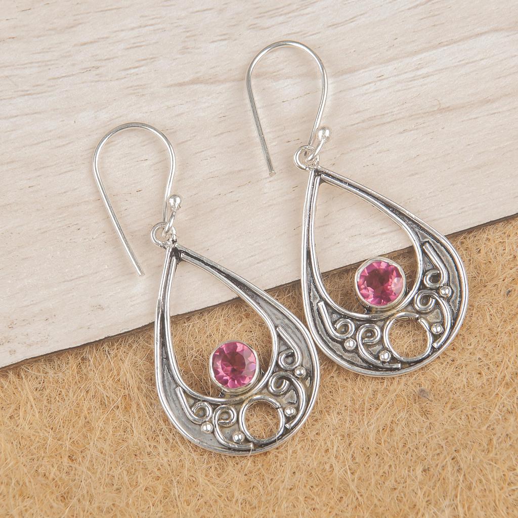 Pendiente de Turmalina Rosa de Plata de Ley Sólida 925, Pendiente de Joyería de Piedra Preciosa Hecho a Mano, Para el Día de los Caídos