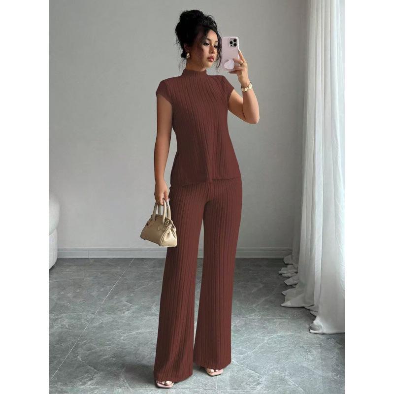 European Women's Solid Color Short-sleeve T-shirt & Ribbed Pants Set - 2025 Style