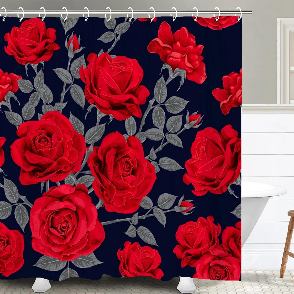 1 Pcs nordic beautiful flowers waterproof shower curtain, rose flower bathroom decoration curtain, with plastic hooks